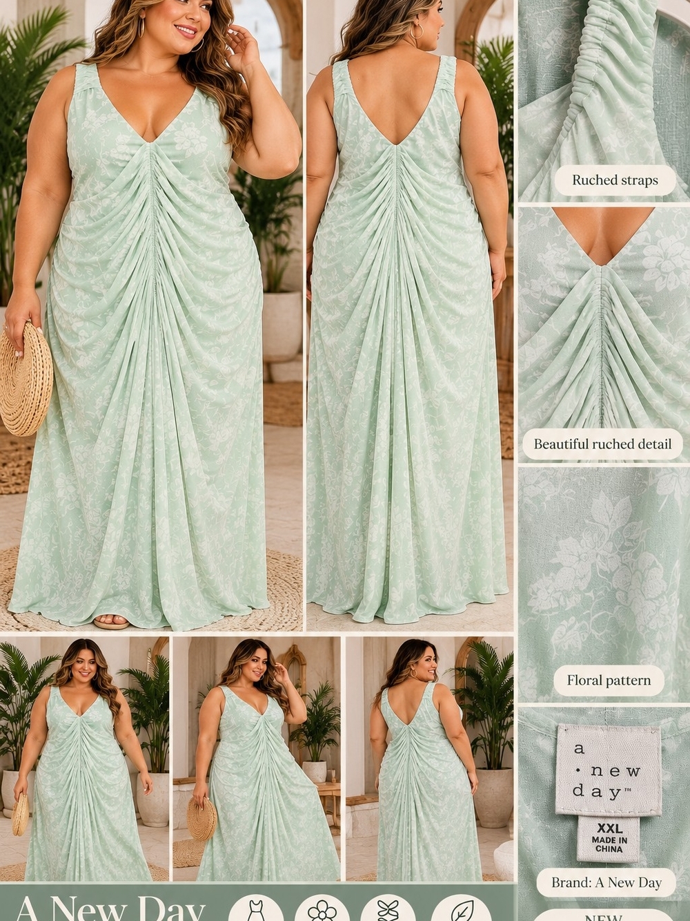 A New Day Mint Green Ruched Maxi Dress